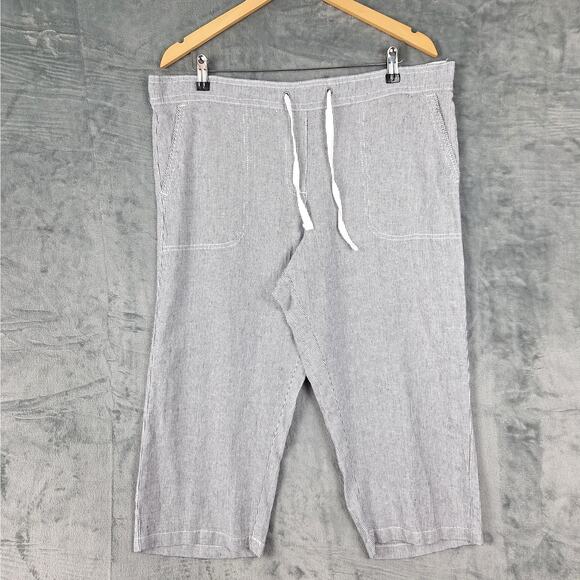 Womens Pants Large Linen Striped Boho Coastal‎ Cropped Summer Resort Wide Leg - Picture 1 of 6